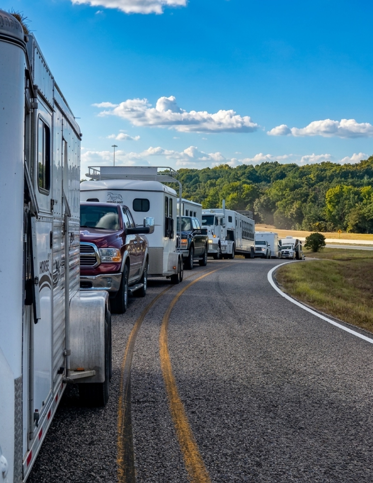Horse trailers waiting along a mountain road